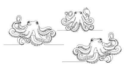 Continuous Simple black line art drawing set of octopus in a minimalist style on a white background. © shoshi
