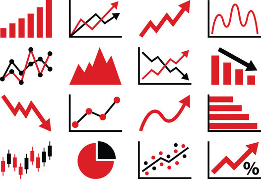 Financial business graph and data chart icon set featuring market trends bar chart pie diagram