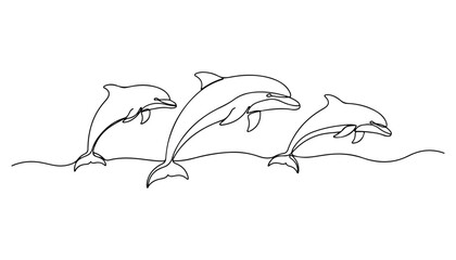 Continuous Simple black line art drawing set of dolphin in a minimalist style on a white background. © shoshi