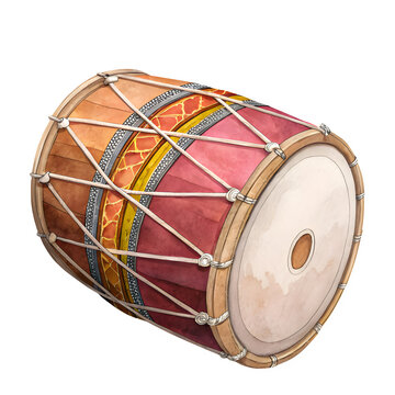 Indian dholak drum on side colorful painted traditional musical instrument percussion.