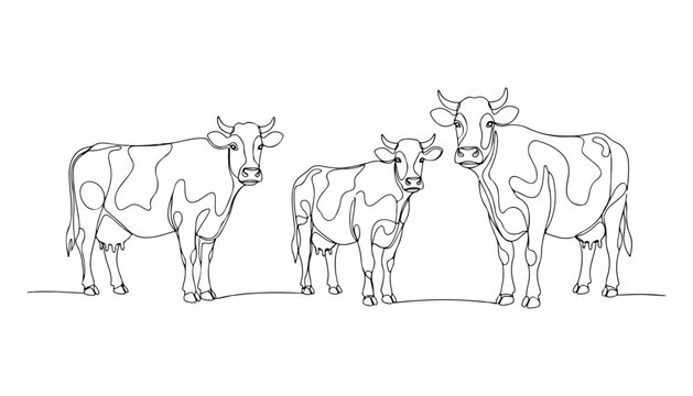 Continuous Simple black line art drawing set of Indian cow in a minimalist style on a white background.