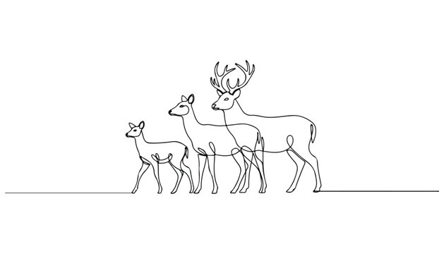Continuous Simple black line art drawing set of Mule deer in a minimalist style on a white background.
