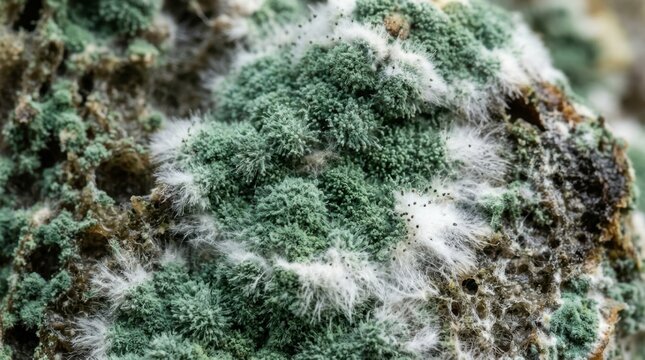 Macro close up of green mold fungus growing on organic food surface representing decomposition decay and food safety hazards in a laboratory or kitchen environment