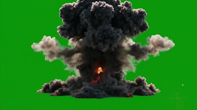 A vibrant explosion with fiery orange and dark smoke bursts against a bright green screen, creating a dynamic visual effect.