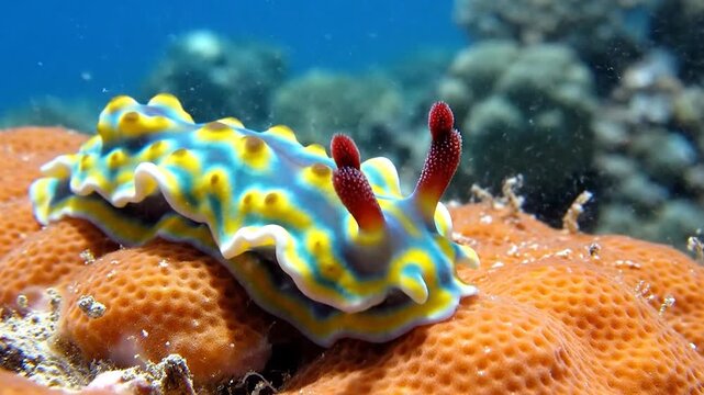 A colorful nudibranch sea slug crawls on orange coral reef
