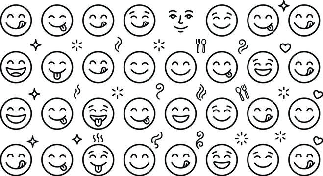 Yummy emoji and licking tongue face line icon set featuring delicious food flavor expressions