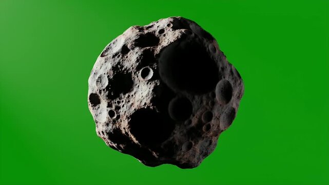 A detailed 3D rendering of a rocky asteroid floats against a vibrant green screen background, showcasing its textured surface and irregular shape.