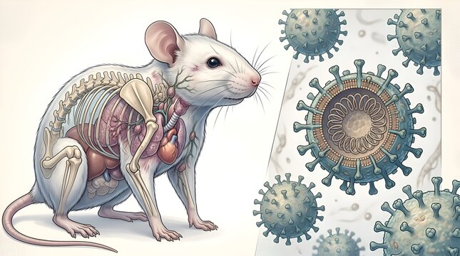 Illustration of a laboratory mouse with an anatomy study and virus illustrations