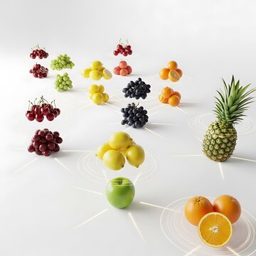 Colorful assorted fresh fruits and vegetables on white background.