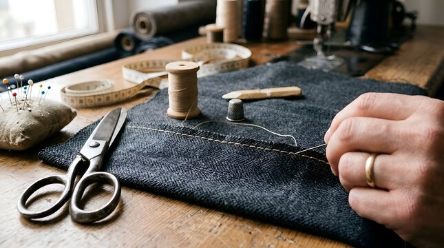 Artisan hand sewing denim with thread, needles, scissors, and thimble on table.