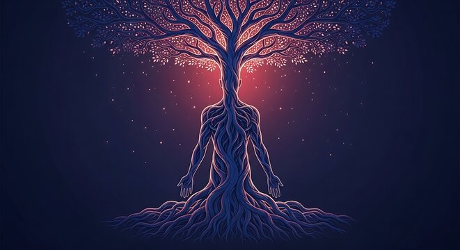 Abstract digital art of glowing cosmic tree silhouette.
