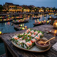 Obraz premium platter of fresh Vietnamese summer rolls (Goi Cuon) packed with transparent shrimp, pork, and herbs, served with a small bowl of rich peanut dipping sauce on a wooden table in a Hoi An riverside resta