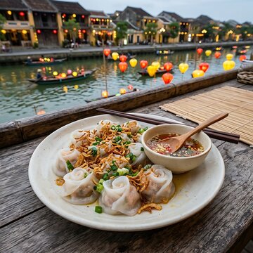 ceramic plate filled with delicate Hoi An White Rose Dumplings (Banh Bao Banh Vac) topped with crispy fried shallots, served with sweet dipping sauce on a wooden table in a Hoi An riverside restaurant