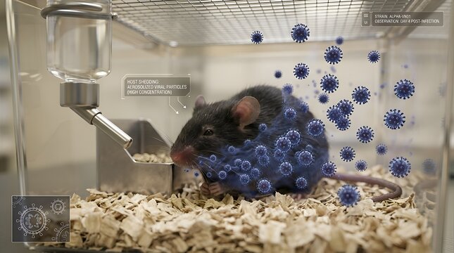Laboratory mouse in confinement with virus particles, medical science concept.