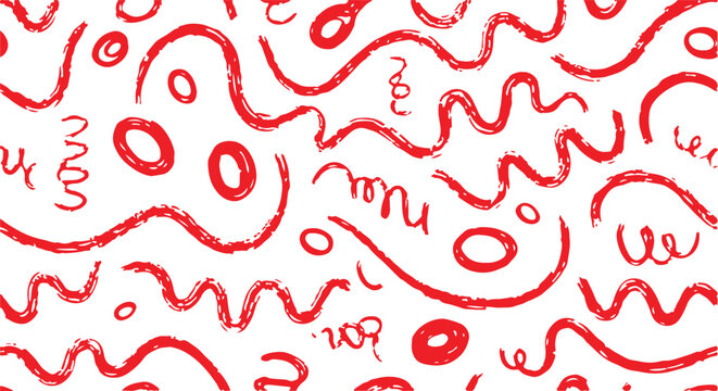 A playful, seamless pattern featuring hand-drawn red wavy lines, squiggles, and scattered circles, creating a vibrant doodle-style aesthetic on a clean white background.