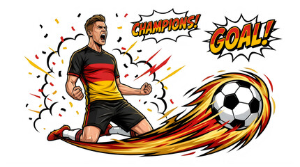 Fototapeta premium Football 2026 celebratory soccer player illustration with goal and championship text