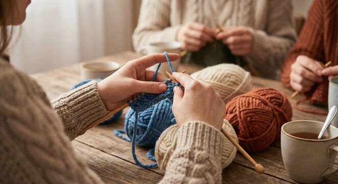 Women knitting in circle at table