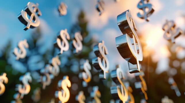Shimmering Dollar Symbols Floating Through the Air with a Natural Background and Beautiful Sunset Light