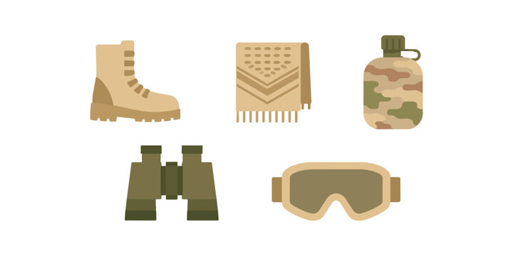 Military Gear Set Desert Boot, Binoculars, Goggles, Canteen, Blanket