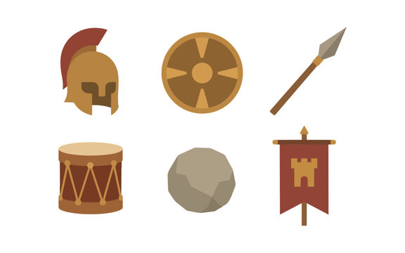 Ancient Warrior Gear Icons Helmet, Shield, Spear, Drum, Stone, and Banner