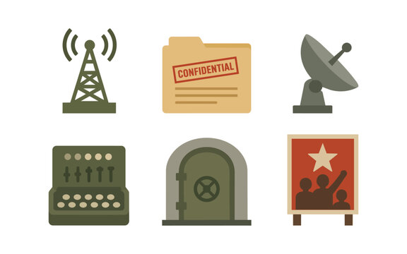 Spy Icons Antenna, Confidential Folder, Satellite Dish, Safe, Propaganda Poster, Control Panel