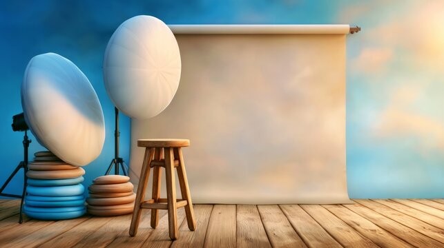 Serene Photography Workspace with Soft Lighting and Reflectors in a Creative Environment