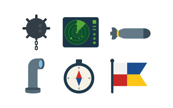 Naval Warfare Icons Mine, Radar, Torpedo, Periscope, Compass, Signal Flag