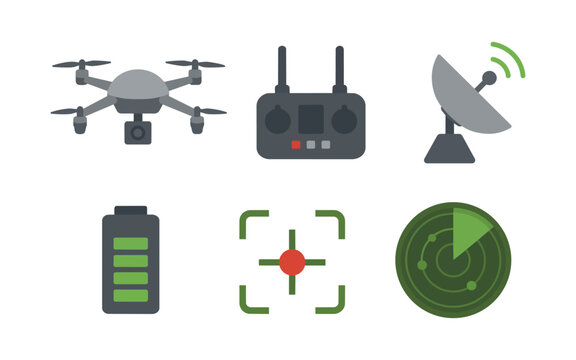 Drone, Remote Control, Satellite Dish, Battery, Target, Radar Icons