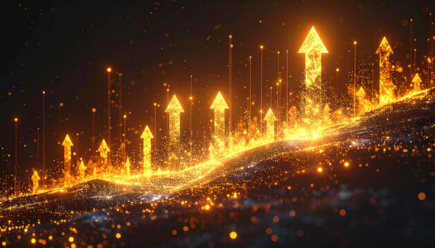 Golden Growth: A dynamic visual representing exponential growth and progress, with glowing golden arrows ascending against a dark, sparkling backdrop. Evokes a sense of ambition and upward momentum.