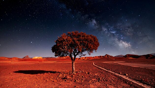 A solitary tree in a desert landscape under a dark night sky filled with stars, including the Milky Way. A path leads towards the horizon