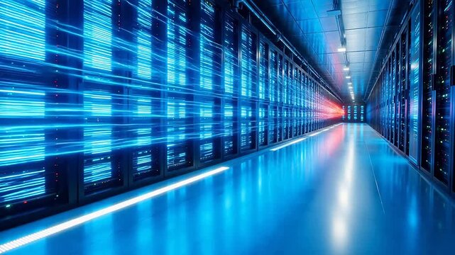 Server room with illuminated racks