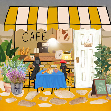 Cosy vibes art French poodles dining at a cute cafe, with French cheese and bread on the table, coffee utensils in background, potted leafy plants and flowers bordering the shop front