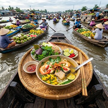  Bun Ca Kien Giang fish noodle soup featuring thick blocks of snakehead fish fillet, shrimp, and wild sesbania sesban yellow flowers, served on a bamboo tray on a boat in the vibrant Can Tho floating 