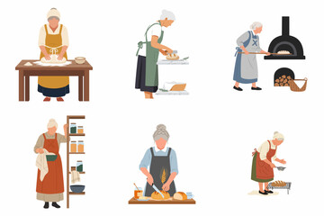 Fototapeta premium Collection of flat vector illustrations featuring elderly women baking artisan bread, kneading dough, and using a traditional wood-fired oven.