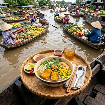  Bun Ca Kien Giang fish noodle soup featuring thick blocks of snakehead fish fillet, shrimp, and wild sesbania sesban yellow flowers, served on a bamboo tray on a boat in the vibrant Can Tho floating 