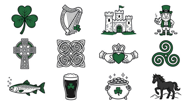 Irish Symbols Collection: Shamrock, Harp, Castle, Leprechaun, Cross, Claddagh, Horse