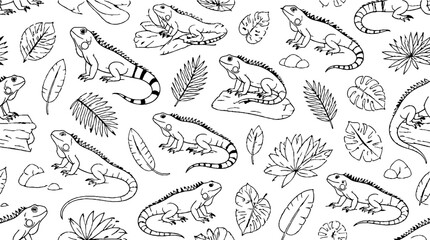 Obraz premium Detailed line art of lizards and tropical leaves.