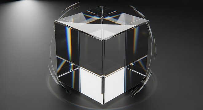 Modern glass cube display case with clear shelves.