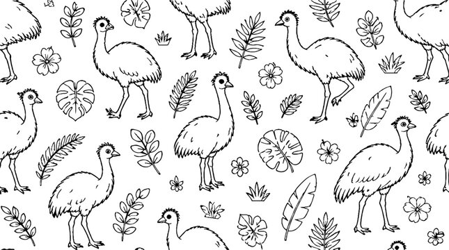 Detailed line art of emus and tropical foliage.