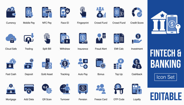 Fintech and banking icon set. Vector collection including NFC pay, face ID, split bill, fraud alert, EMI calc and freeze card symbols.