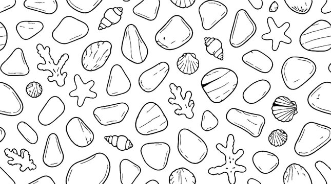 Assorted hand drawn pebbles shells and starfish illustration.