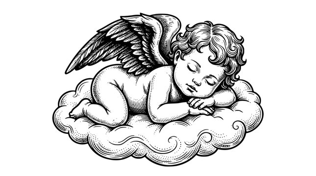 cherub sleeping peacefully on a fluffy white cloud illustration
