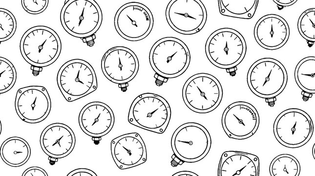 Repeating pattern of analog clock faces in black and white.