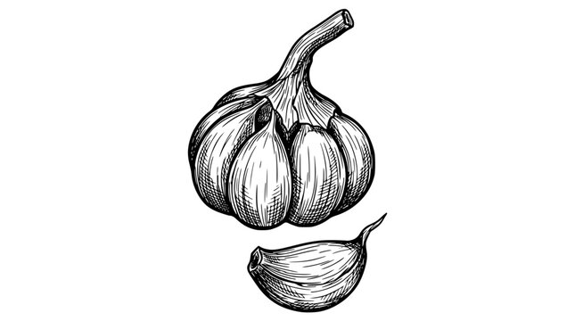 Detailed vector illustration of a whole garlic bulb and clove