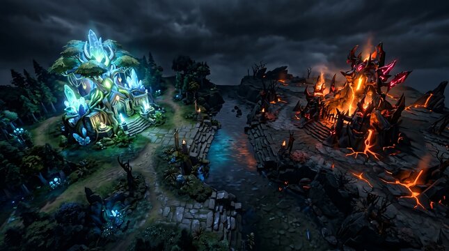 Fantasy battle arena landscape featuring contrasting radiant and dire ancient structures divided by a river in a dark gloomy environment with glowing magical crystals