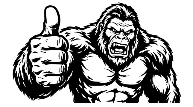 Angry gorilla giving a thumbs up in black and white vector