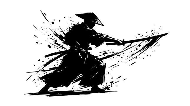 Black silhouette of a samurai warrior with a sword in motion