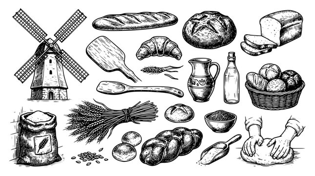 Vintage bakery illustration with bread and baking tools design