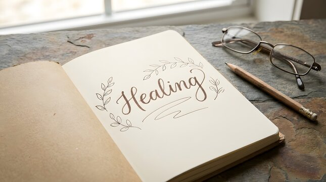 Open journal with handwritten healing text message