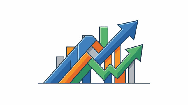 A colorful infographic featuring arrows and bars in blue green orange and gray
